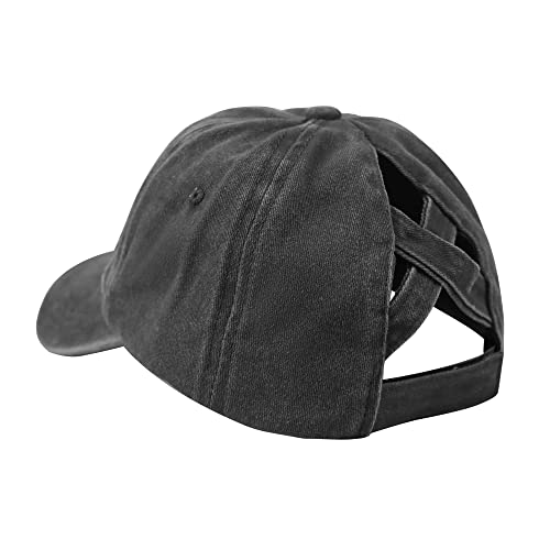 Muryobao Women Ponytail Criss Cross Messy Buns Ponycaps Baseball Cap Adjustable Cotton Distressed Dad Trucker Hat For Outdoor Sports Travel Grey #TOP1