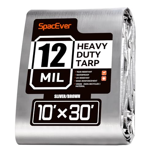 Spacever Tarp Heavy Duty 10x30 FT 12 Mil Thick Large Tarps Water-Proof with Grommets UV& Tear Resistant Plastic Cover for Pool Roof Tent Outdoor Firewood Silver& Brown