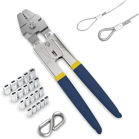 Sanuke Wire Rope Crimping Swaging Tool Cable Crimps up to 2.2mm(2/32inch) with 160pcs 4sizes Aluminum Double Barrel Ferrule Loop Sleeve and 10pcs Stainless Steel Thimble Assortment Kit Cover