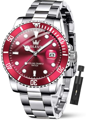 OLEVS Mens Watch Luxury Nice Dress Red Big Face Watch for Men Classic Elegant Silver Stainless Steel Mans Wrist Watches Analog Quartz Waterproof Luminous Male Watches with Date Relojes De Hombre