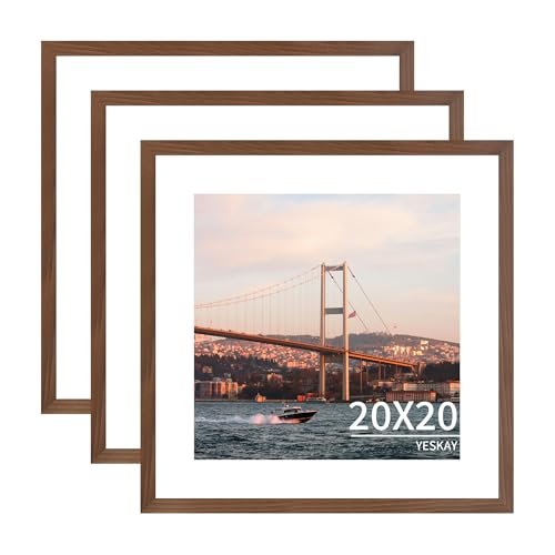 YESKAY 20x20 Picture Frame 3 Pack - Brown Poster Frame Display Pictures 16x16 with Mat or 20 x 20 Without Mat for Wall Hanging Horizontal and Vertical