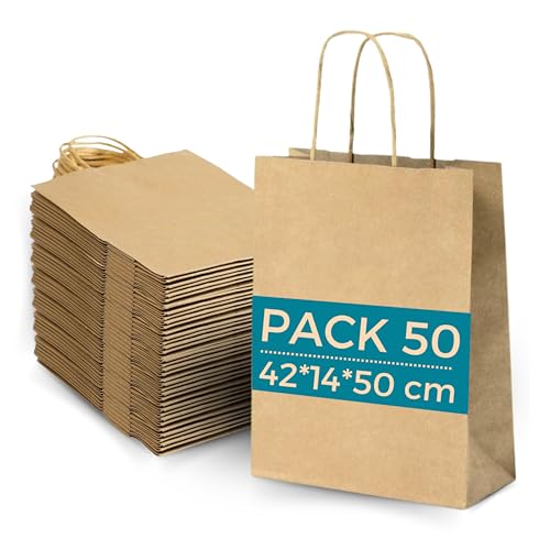 Lot 50 Sacs Papier Kraft Marron avec Anses 42x14x50cm - Sac pour Shopping Cadeaux Mariages