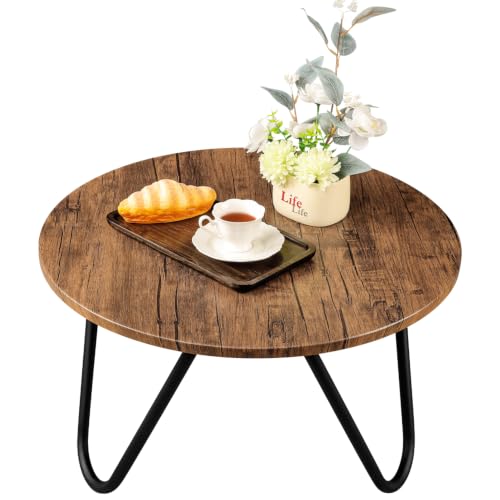 Image of Round Coffee Table 23.6 inch Wooden Circle Living Room Coffee Tables with Steel Frame Simple Modern Accent Center Table for Small Space Home Office Outdoor Light Brown