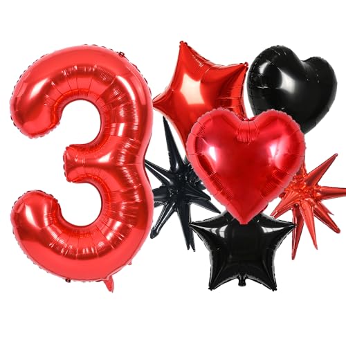 Image of TONIFUL 3rd Birthday Balloons Kit 40 Inch Red Large Number 3 Foil Balloon | with 18Inch Helium Mylar Heart Star Balloons for Kids Women Men Birthday Anniversary Graduation New Year Eve Party Decoration