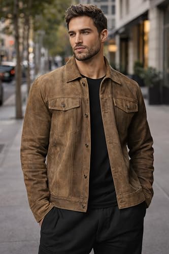 Image of LP-FACON Mens Western Style Trucker Suede Leather Jacket | Cowboy Jacket Collection