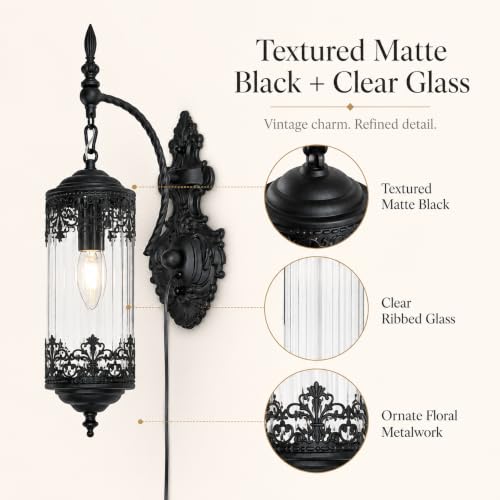 Image of Rustic Gothic Plug in Wall Sconce with Glass | Farmhouse Antique Decorative Metal Wall Light with Plug-in Cord for Hallway, Bedroom, Living Room, Entryway