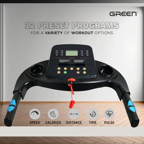 Image of Green GT-400 PT Motorized Treadmill for Home Use | 4HP Peak DC Motor Running Machine | 100KG Max User Weight, 3.5 Inch LCD Screen, 12 Preset Programs, Handle Pulse Sensors and Wheels