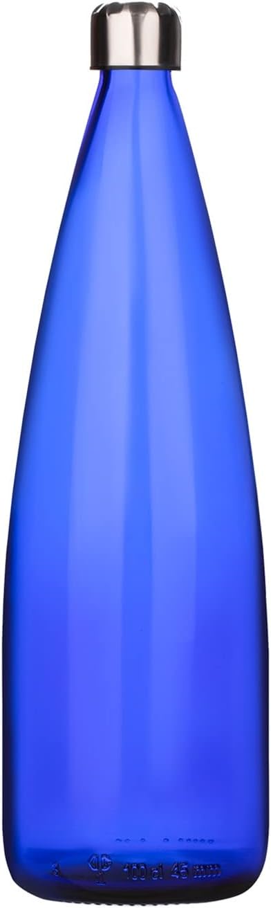 SAND DUNE Set of 1, 1000 ml Each Blue Glass water bottle, with Leak-Proof Airtight Stainless-Steel Lid for Water, Smoothie, Juices - Reusable Travel Glass Drinking Fridge Bottles
