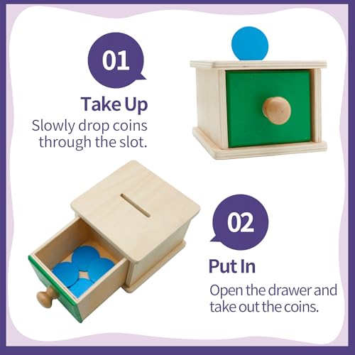 Image of Montessori Wooden Coin Box with Drawer for Baby 18+ Months, Coin Sorter Fine Motor Toys for Kids, Motessori Classroom Learning & Educational Resources Toys Gifts