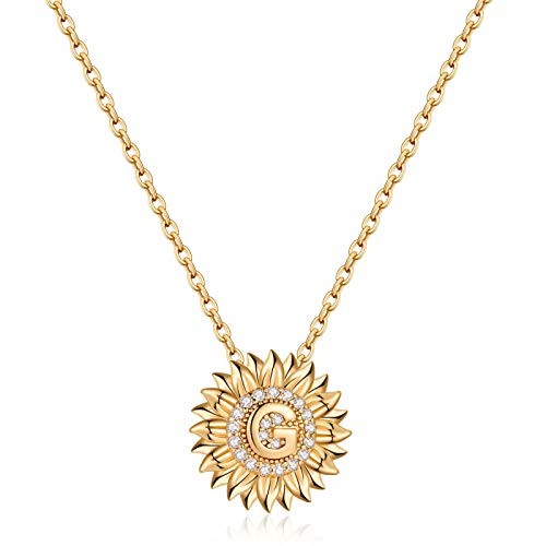 Dainty Sunflower Necklace Sunflower Gifts, CZ Initial G Sunflower Necklace for Women Letter Necklaces for Teen Girls Jewelry Sunflower Gifts for Women 14K Gold Initial Necklaces Sunflower Jewelry