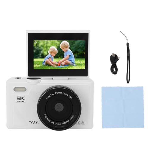 Fotocamera Digitale 5k, Fotocamera Vlogging da 75 MP, con Zoom 18x, Schermo di Lancio da 3 Pollici, Telecamera Compatta HD, per Fotografia di Viaggio (WHITE)