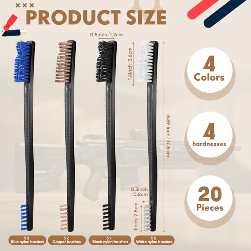 Qinyoung 20-Piece Gun Cleaning Brush Set - Double Ended, Copper & Nylon Bristles, 4 Colors, 7 Inch, Plastic Handle - Thumbnail 2