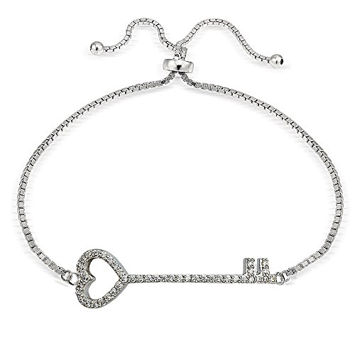 Image of Hoops & Loops Sterling Silver Cubic Zirconia Heart Key Pullstring Adjustable Bracelet