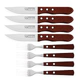 Die Klingen der Messer und die Gabeln sind aus Edelstahl gefertigt, während die Griffe aus Echtholz sind