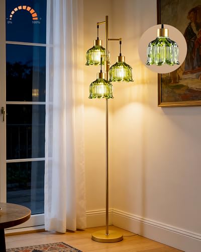 Image of Lightdot 3-Light Floral Floor Lamp 65'' Dimmable Floor Flower Lamp with Green Glass Shade& Bulbs Included, Mid Century Standing Tall Lamp with 5Lbs Heavy Base for Living Room /Bedroom /Sofa Beside-Gold