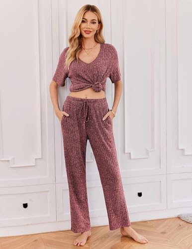 Image of Ekouaer Womens Ribbed Knit Lounge Set Short Sleeve Top and Long Pants Sleepwear Pajama Set Two Piece Matching Outfits Set