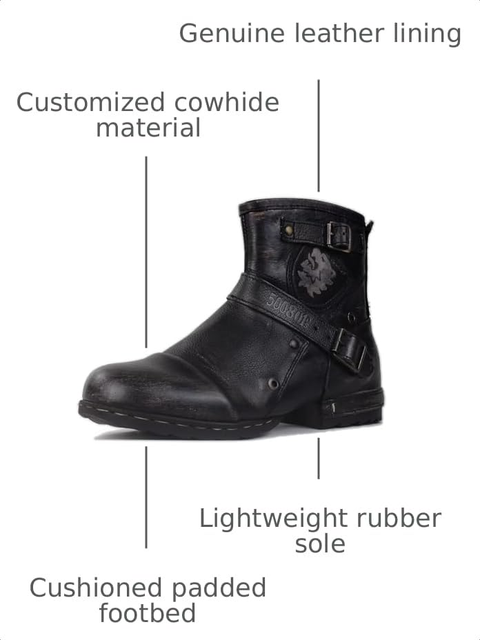 Image of OSSTONE Moto Boots for Men Fashion Zipper-up Leather Chukka Boots Casual Shoes OS-5008-1-BP-US-R Vintage Brown