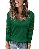 FEKOAFE Women's V Neck Sweaters 2025 Fall Trendy Long Sleeve Lightweight Knit Pullover Sweater Top Green L