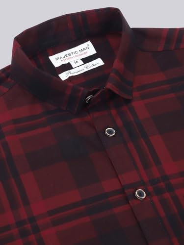 Image of Majestic Man Men Comfort Slim Fit Checked Pure Cotton Half Sleeve Casual Shirt
