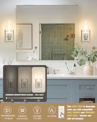 Image of Emak Modern Wall Lights, Brushed Nickel Sconces with Clear Glass Shade, 2 Light Bathroom Vanity Light for Bathroom, Mirror, Living Room, Bedroom, Gallery, WS086-BN-CG-2PK