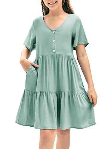 Tymidy Girls Casual Dress Summer Button V Neck Short Sleeve Ruffle Hem Flowy Swing Mini Dresses4