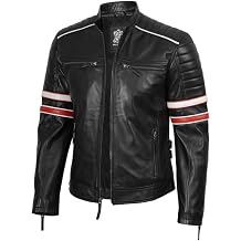 Real Lambskin Cafe Racer Leather Jacket Men Biker Style Stripes Sleeves