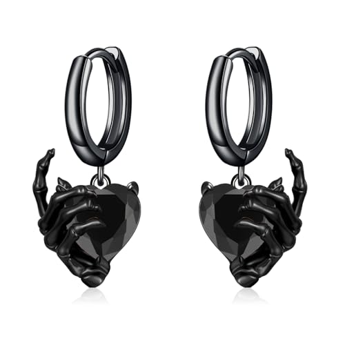 OHAYOO Skeleton Hand Earrings 925 Sterling Silver Skull Huggie Hoop Earrings Halloween Drop Dangle Earrings Gothic Jewelry Gifts for Women Men