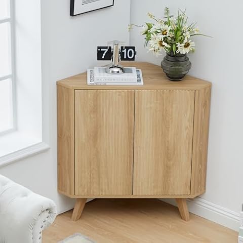 XUZENEST Fluted Floor Corner Cabinet, Small Corner Floor Cabinet with Adjustable Shelve, Freestanding Narrow Cabinet Organizer for Living Room Kitchen Bathroom, Natural Cover