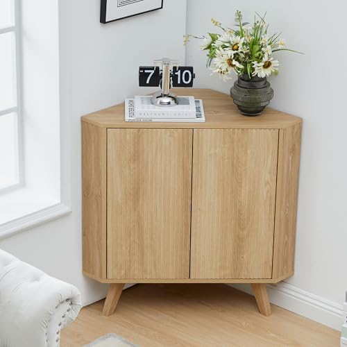 XUZENEST Fluted Floor Corner Cabinet, Small Corner Floor Cabinet with Adjustable Shelve, Freestanding Narrow Cabinets Organizer for Living Room Kitchen Bathroom, Natural
