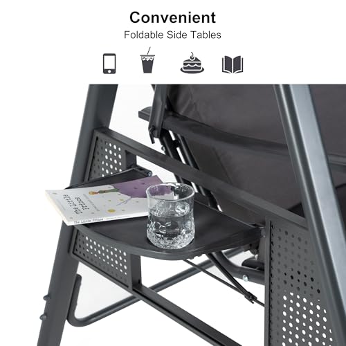 Image of PURPLE LEAF Outdoor Patio Porch Swing with Stand, 3-seat Swing Chair with Adjustable Tilt Canopy All-Weather Steel Frame for Backyard Front Porch Lawn, Cushions and Pillow Included, Grey
