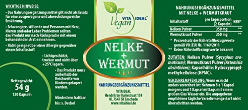 VITA IDEAL Vegan® Gewürz NELKE + WERMUTKRAUT 120 KAPSELN - Artemisia absinthium - Tagesportion 700mg GEWÜRZNELKE + WERMUT - KRAUT reines Pulver. Natürlich, pflanzlich & ohne Zusatzstoffe.