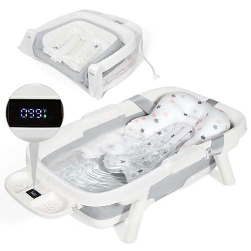 Image of Orzbow Collapsible Baby Bathtub, Large Baby Bath Tub for Newborn with Soft Cushion & Thermometer, Travel Portable Baby Tubs for Infants to Toddler 0-36 Months, 28x16.9 inches, Gray