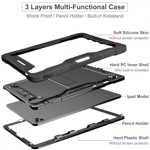 Image of WHITBULL 3 Layer Armor case Cover with Kickstand Compatible with iPad mini 7 (2024) / iPad mini 6 (2021) 8.3 inches with S Pen Holder, Black