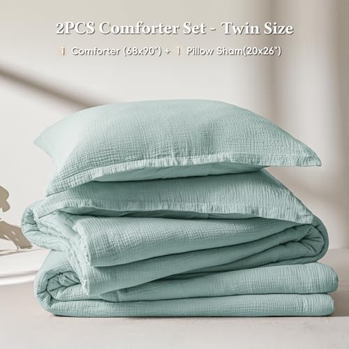 Image of David's Home Cotton Muslin Comforter Set Twin Size, 100% Cotton Cover Ultra-Soft Breathable Skin-Friendly for Spring Summer, 2PCS Linen Like Gauze Bedding Set with Polyester Filling, Teal Blue