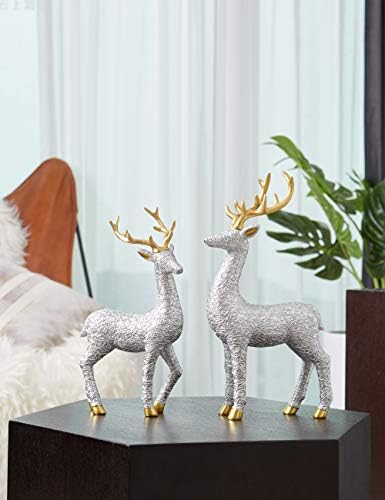 Amoy-Art 2pcs Reindeer Statue Figurine Deer Gifts Decor Polyresin Stag Sculpture Silver 30cm