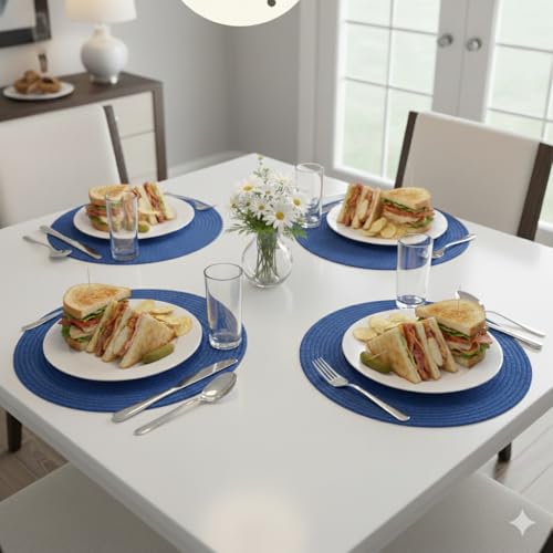 Image of Cotton Rope Placemats, Round Red with White Border, Set of 4, Heat Resistant Table Mats (Blue)