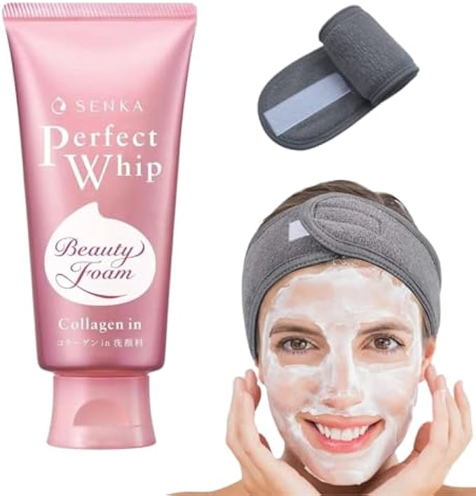 Perfect Whip Collagen-in Beauty Foam Facial Cleanser 120g - For Dry & Aging Skin | Skin Firming Formula - Free Hairband Included