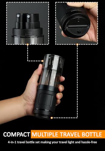 Image of Lyrovo 4-in-1 Travel Essential Kit Spray Bottles & Pump Bottles Dispenser, Travel Containers for Toiletries, Refillable Travel Accessories for Cream Toners Lotion (Black)