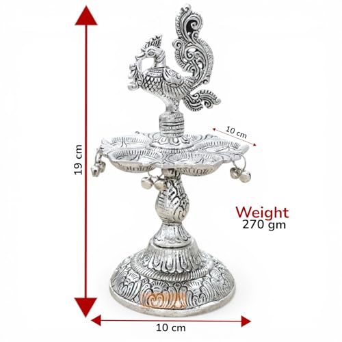 Image of Kridaykraft Metal Peacock Diya Samai Oil Lamp, Silver Finish, Traditional Indian Decor, 19 cm Height, 270 gm, Handcrafted Design