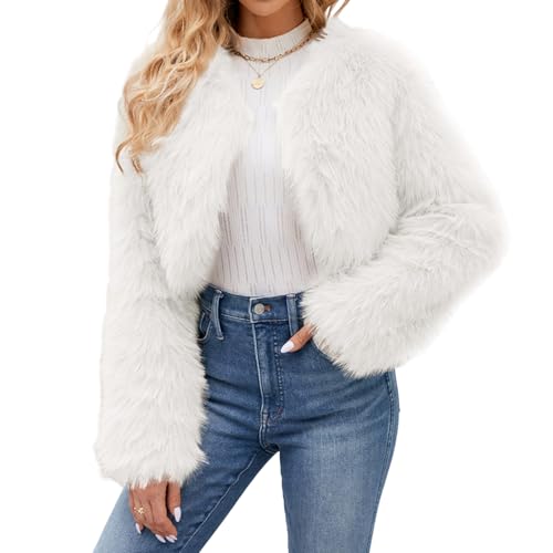 Image of Felcia Women's Faux Fur Cropped Coat Solid Color Long Sleeve Single Button Up Jacket for Daily Outfits (A-White, S)