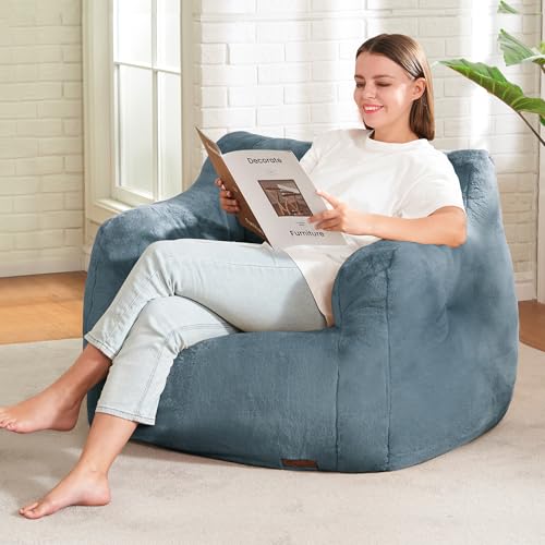 Image of Hobestluk Bean Bag Chair for Adult Small Bean Bag Chairs with Arms Furry Beanbag Chair with Foam Filler Stuffed Bean Bag Sofa for Reading in Bedroom Living Room and Dorms (Blue Grey)