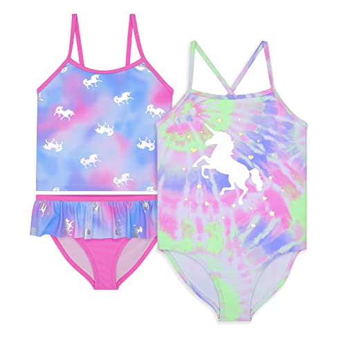 BTween Girls One Piece Bathing Suit 2 Piece Tankini Swimsuit Set, Kids Cute Swimwear Mermaid, Rainbow, Unicorn or Butterfly