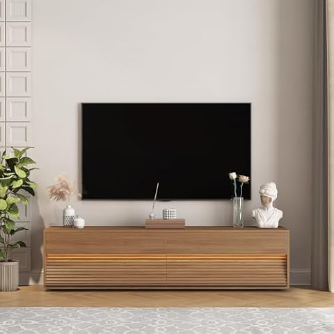 Msutree TV Stand Shelf for TVs up to 80 Inch, 68" Modern Media Console Table TV Cabinet with Power Outlets, Entertainment Center for Under TV Storage, for Living Room, Bedroom, Wood Cover