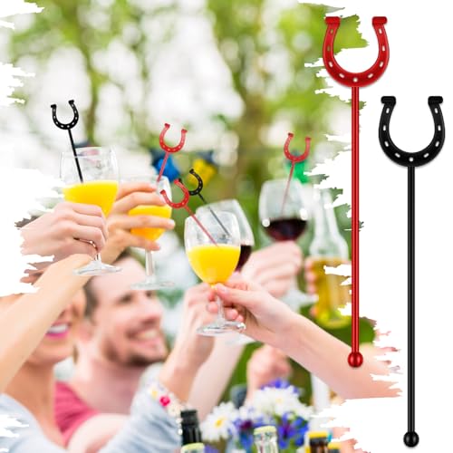 Sunnychicc 6 Inch Derby Drink Plastic Stirrers Swizzle Sticks for Cocktails Coffee Reusable U Shaped Horseshoe Drink Stirrers for Coffee Beverage Party Bar Weddings Events(Black,red,30 Pcs)