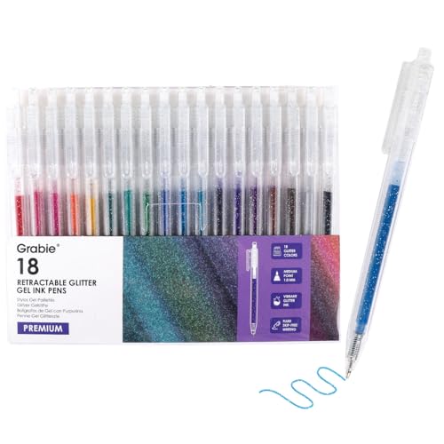 Grabie Glitter Gel Pens, 18 Colors Glitter Gel Pens Set, Retractable Sparkle Gel Ink Pens for Coloring Books, Journaling, Drawing, Scrapbooking & DIY Crafts, Smooth Writing Art Pens for Creative Work