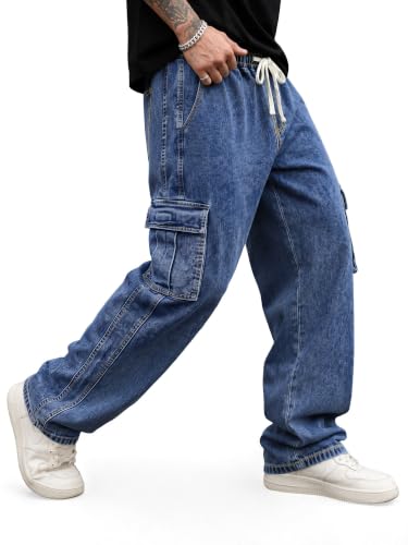 Image of JMIERR Men's Stretch Cargo Jeans Loose Straight | Over 60% Cotton Blend, Stretch Denim, Drawstring Waist, 5-Pocket Design, Loose Straight Fit, Casual Workwear Jeans