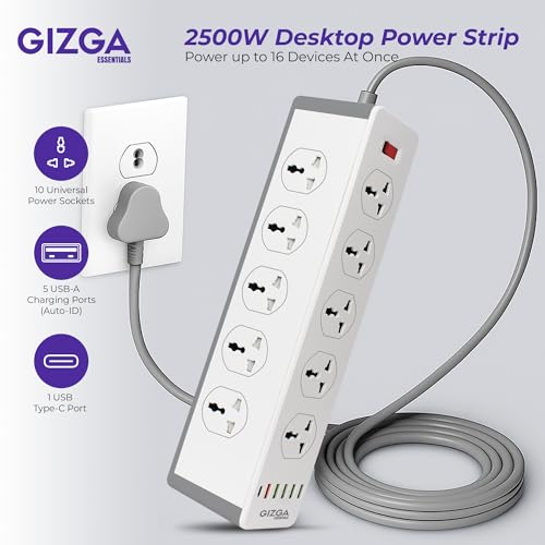 Image of Gizga Essentials Power Extension Board with 10 Universal Sockets, 5 USB & 1 Type C Port| Socket with 2M Cord, Surge Protector, Child Safety, Anti-Flaming Body, 10A Output, 250V Multi Plug Adapter