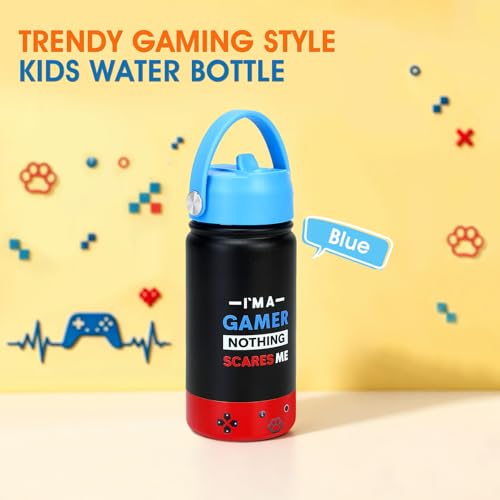 Image of Kids Insulated Water Bottle with Straw Lid, 14oz Double Wall Vacuum Stainless Steel Tumbler, Leak Proof Reusable Metal School Cup for Boys Girls, Keep Cold 24H Hot 12H (Blue-Red-I M A)
