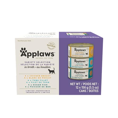Applaws Natural Wet Cat Food in Broth, Limited and Natural Ingredients, High Protein with No Artificial Additives, Variety Pack in Broth (12 x 5.5oz Cans)