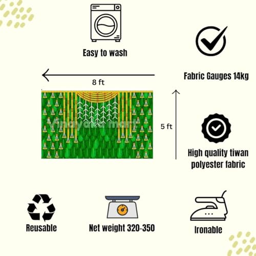 Image of varalakshmi Pooja Background | Banana Leaf Curtain Backdrop Decoration Yellow & Orange Garlands, Size 8x5 feet| Pooja Backdrop Decoration | varlaxmi puja Decorations Cloth | Banana Leaf Background